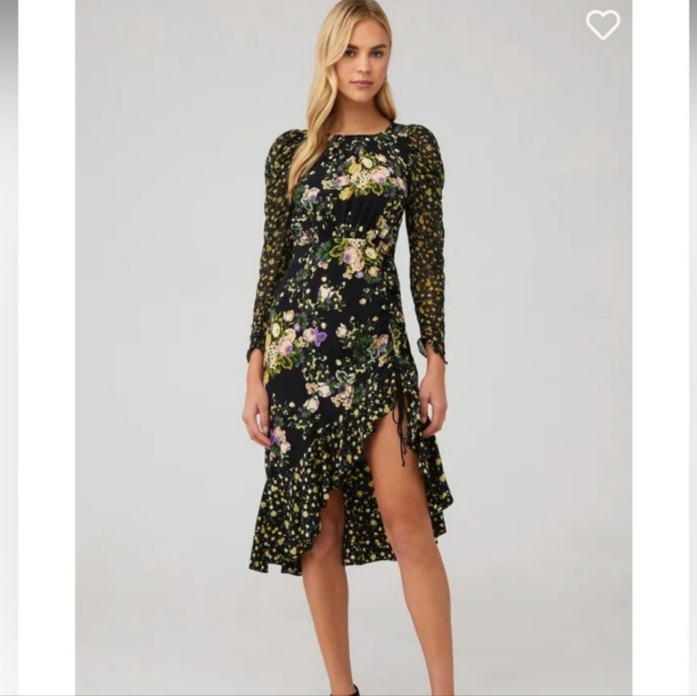 For Love & Lemons Black & Yellow Sheath Midi Dress w Bishop Sleeves Si… - Picture 2 of 8